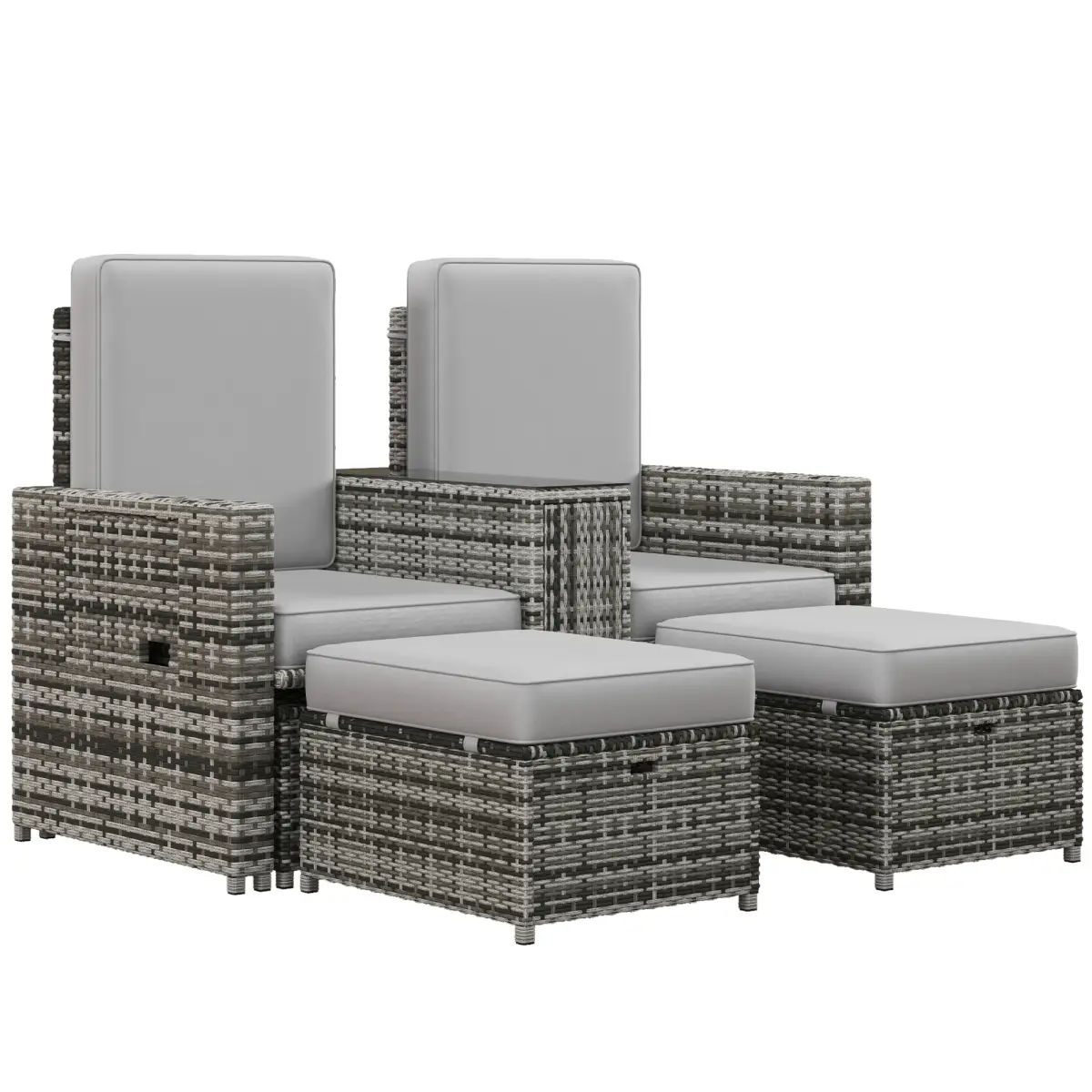 Outsunny Outsunny Recliner Rattan Sun Lounger w/ Storage Tea Table & Footstools, Grey - Sun Lounger