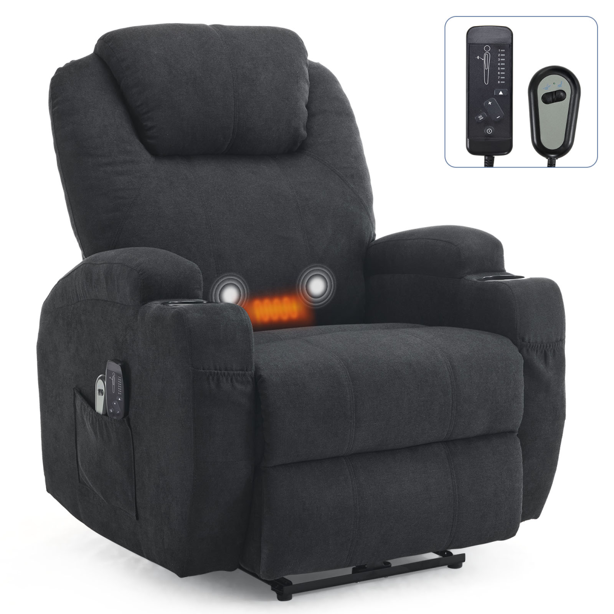 Electric Recliner Chair with 2-Point Massage & Heating, Black Fabric Indoor Functional Chair, 120kg Weight Capacity, Adjustable Reclining Chair for Living Room - from N/A