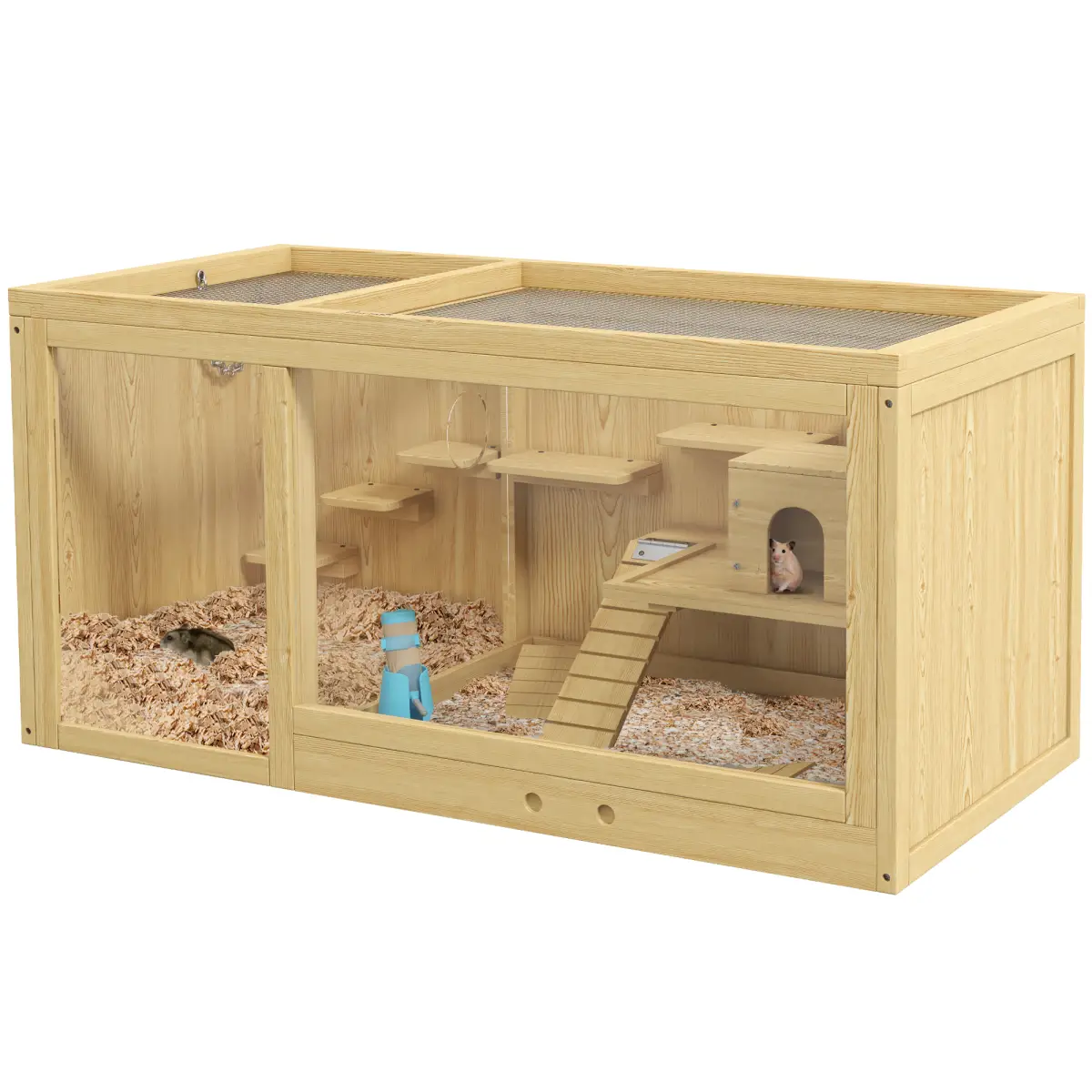 PawHut PawHut Wooden Hamster Cage with Water Bottle, Platforms, Openable Roof - Pet Cage