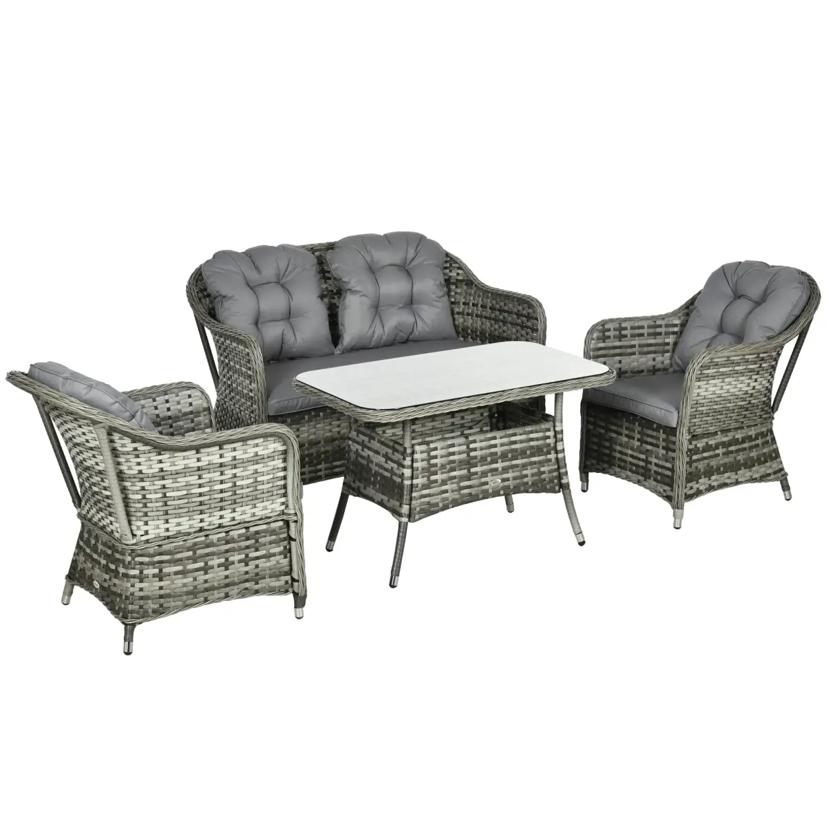 Outsunny 4 PCS Rattan Garden Furniture, Padded Conversation Sofa Set w/ Glass Top Table - Garden Set