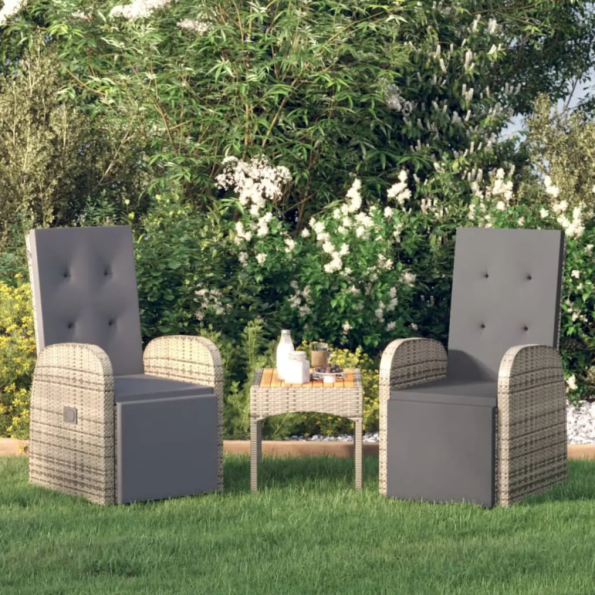 vidaXL vidaXL Reclining Garden Chairs with Cushions 2 pcs Grey Poly Rattan - Garden Chairs