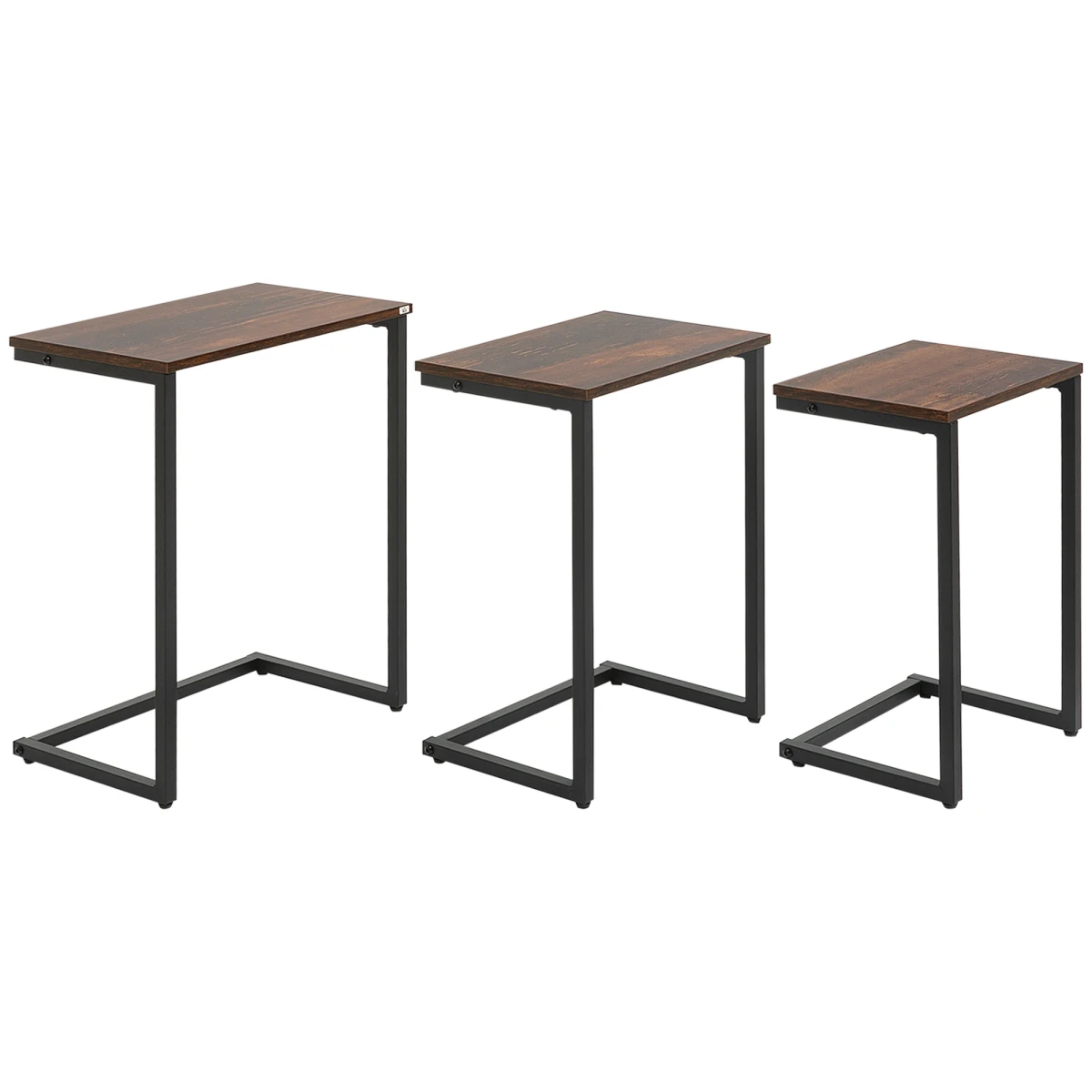HOMCOM HOMCOM C Shaped Nesting Tables Set of 3 Small Medium Large Rustic Brown Steel Frame Space Saving Living Room End Tables - Nest of Tables