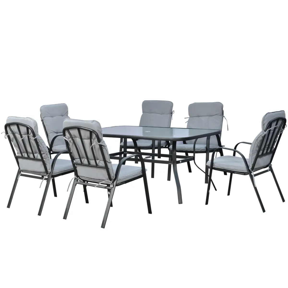 Outsunny Outsunny 7 PCs Garden Dining Set, Glass Table w/ Umbrella Hole & Cushion, Black - Garden Set