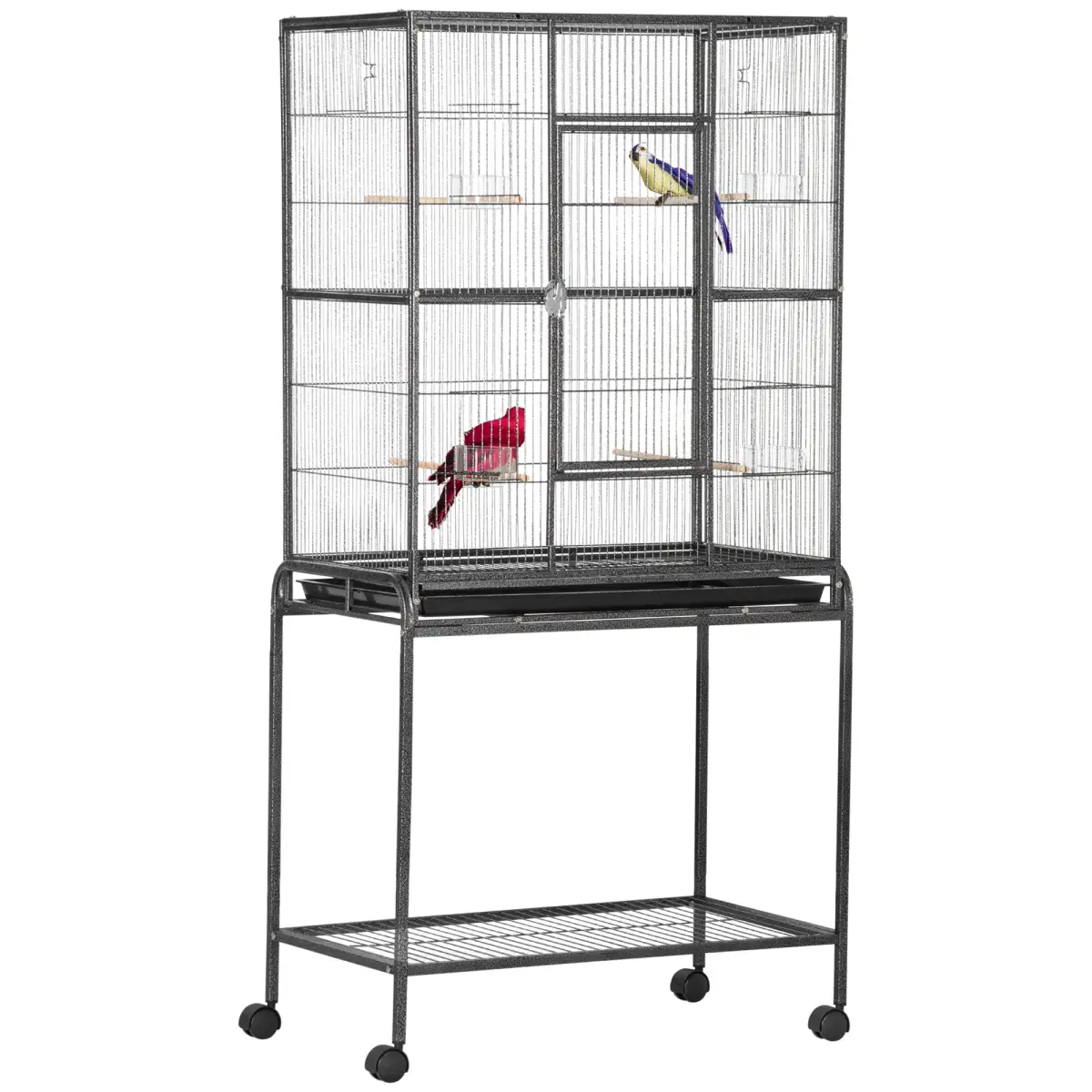 Pawhut Rolling Bird Cage w/ Detachable Stand, Storage Shelf, Wood Perch, Food Container - Bird Cage