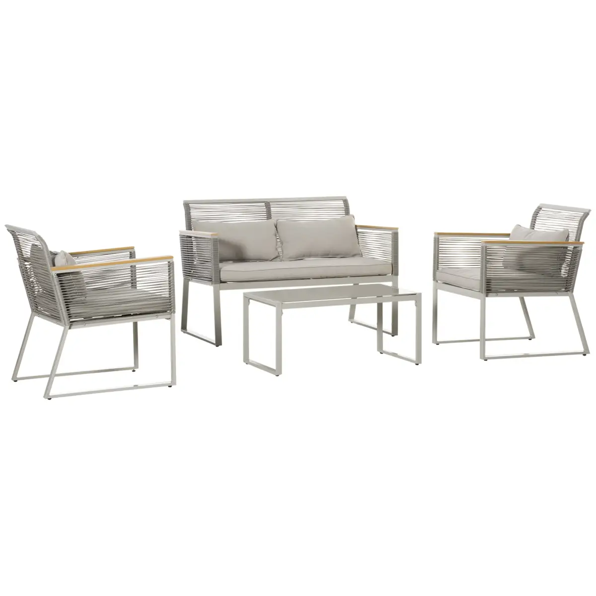 Outsunny 4-Seater Patio Wicker Sofa, Metal Frame PE Rattan Tempered Glass Table Grey - Garden Set