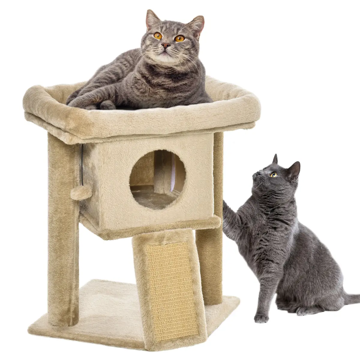 Pawhut Cat Tree Tower W/ Jute Scratching Pad, Toy Ball, Cat House 66x38x88 cm - Coffee - Cat Tree