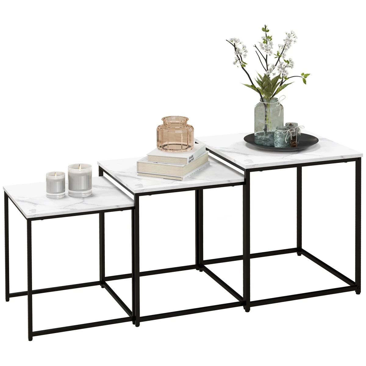 HOMCOM Nesting Coffee Tables Three Piece White Marble Top With Steel Frames Adjustable Feet Living Room by HOMCOM