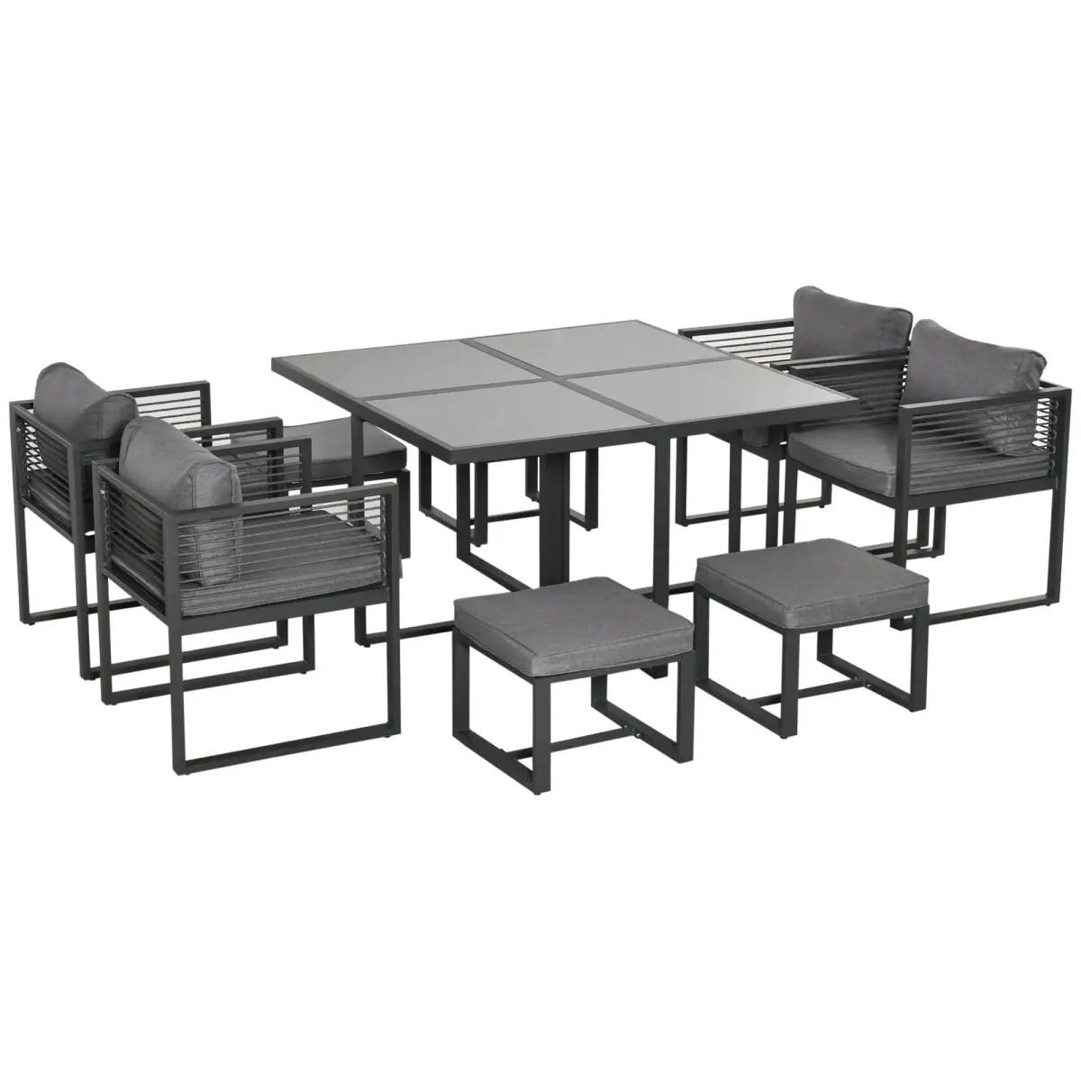 Outsunny 8 Seater Dining Cube Set Dining Table, 4 Chairs & 4 Footstools & Cushion, Grey - Garden Set