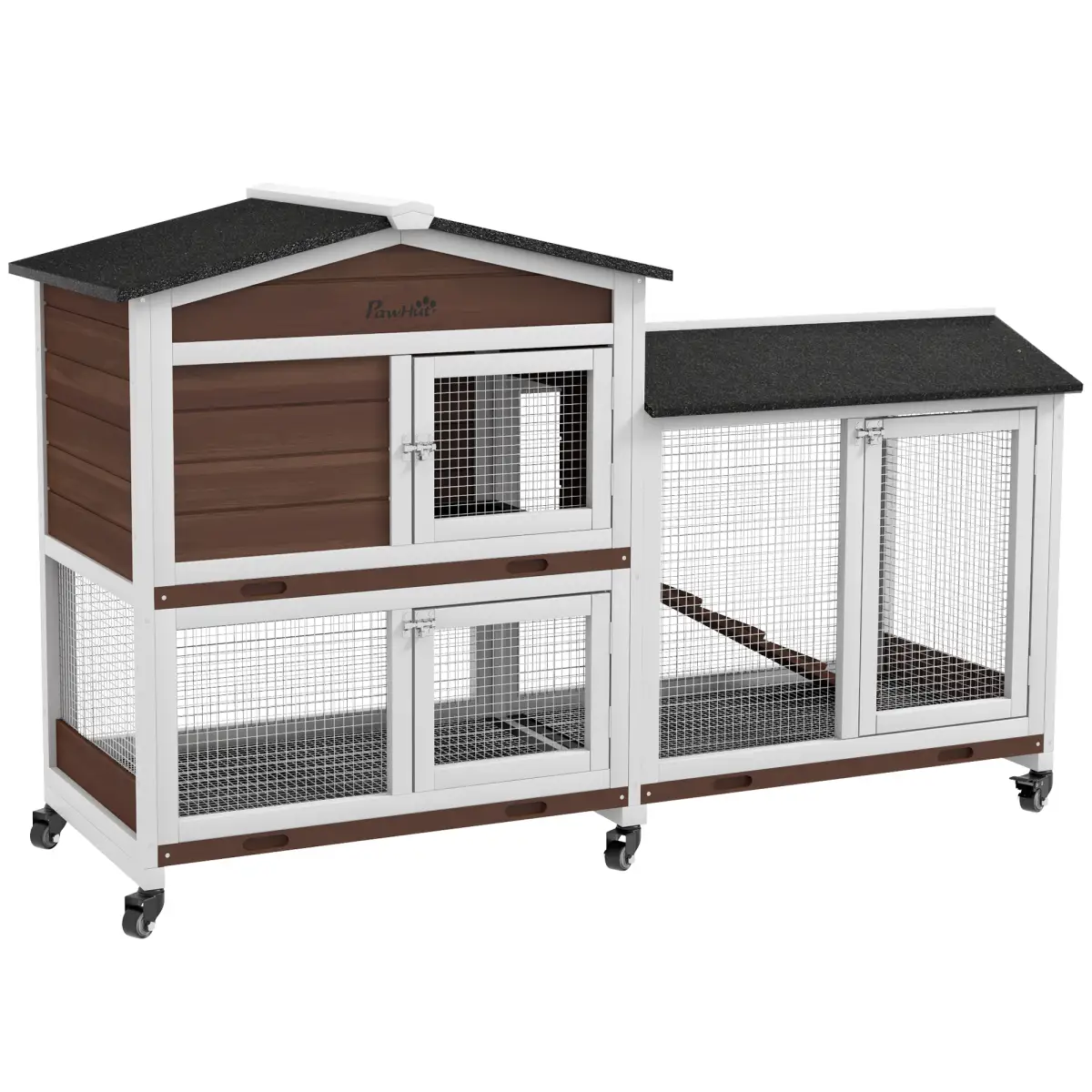 PawHut PawHut Wooden Rabbit Hutch Guinea Pig Cage w/ Wheels, Run, Ramp, Brown - Rabbit Hutch