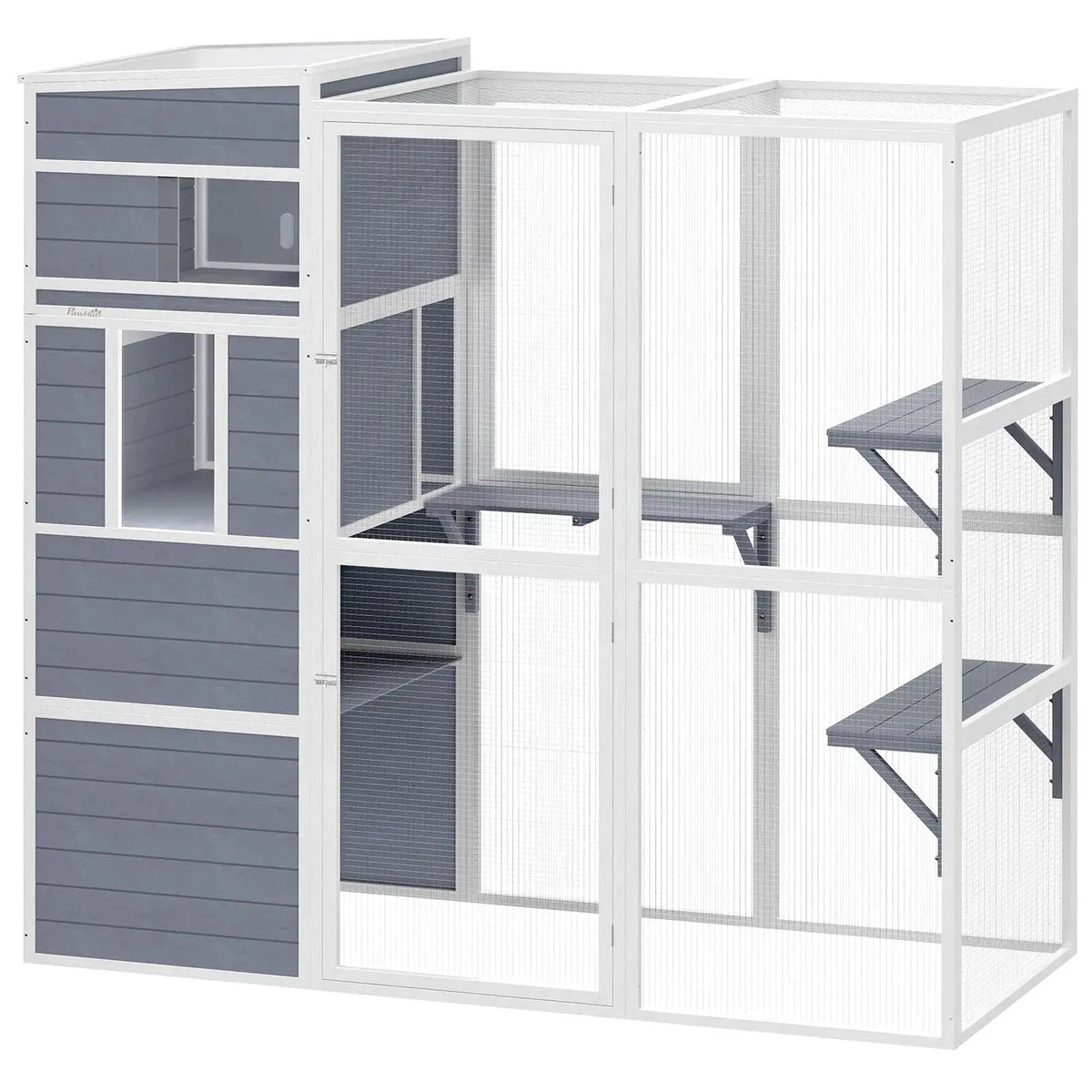 PawHut 4-Tier Wooden Catio Cat Outdoor Enclosure with Sun Roof, Resting Rooms, 3 Platforms, Window Outdoor Indoor, Grey - from PawHut