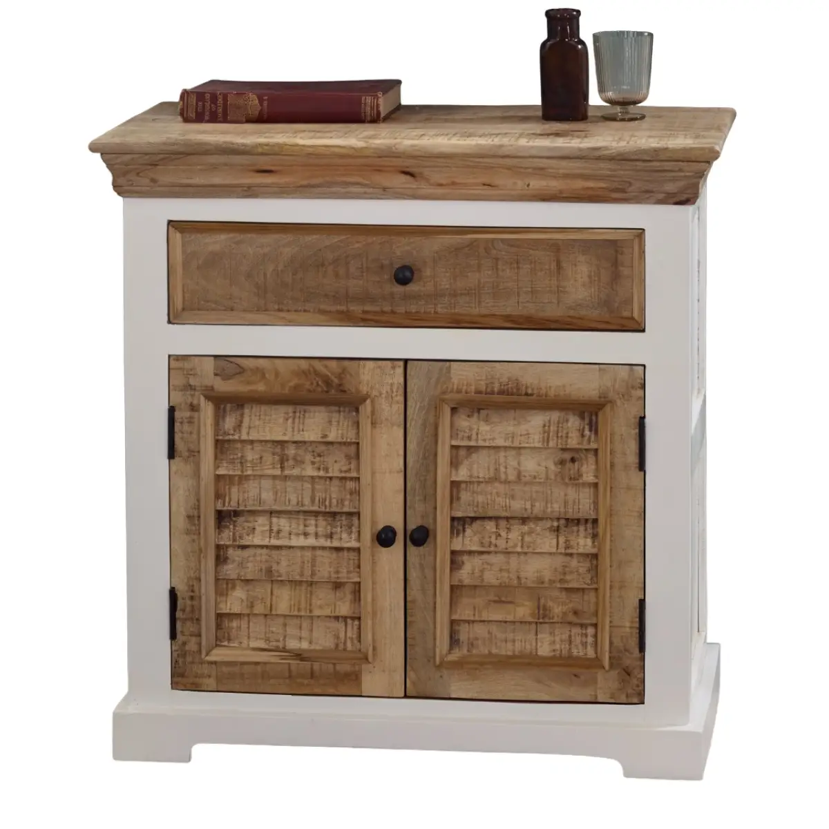 Alfie Mango Wood Sideboard 57x28x10cm 1 Drawer 2 Doors White Natural Finish Handcrafted In India For Living Room Storage - Indian Hub - Home Symphony