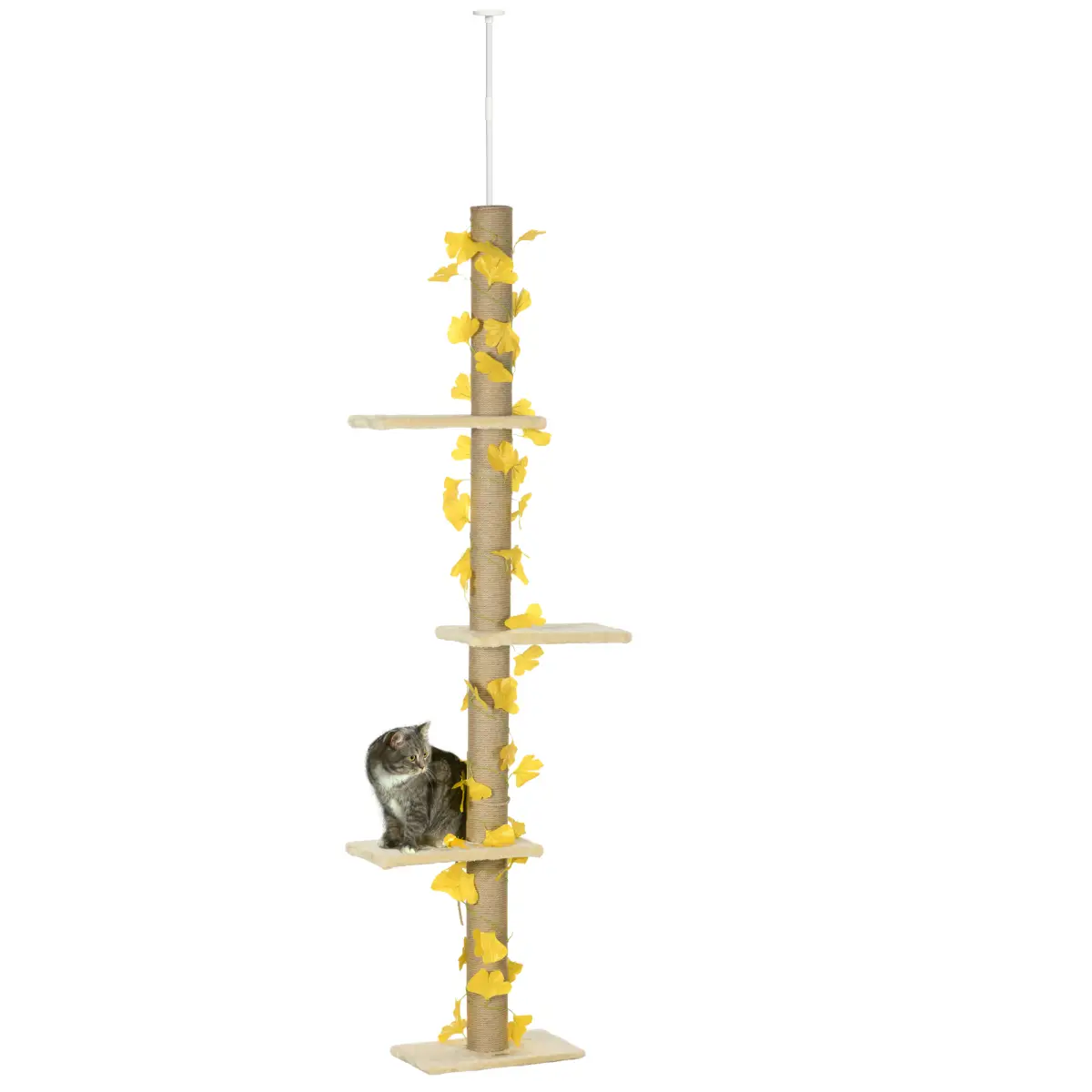 PawHut 242cm Adjustable Floor-To-Ceiling Cat Tree w/ Anti-Slip Kit - Yellow - Cat Tree