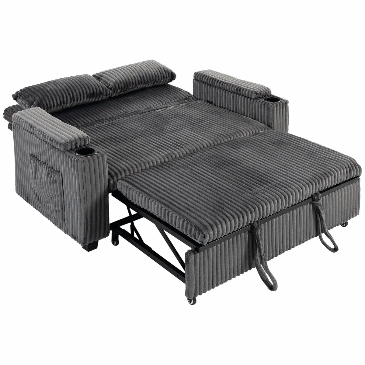 HOMCOM 2 Seater Sofa Bed, Pull Out Sleeper Sofa w/ Adjustable Backrest, Storage Armrests, Cup Holders, Side Pockets, Dark Grey - from HOMCOM