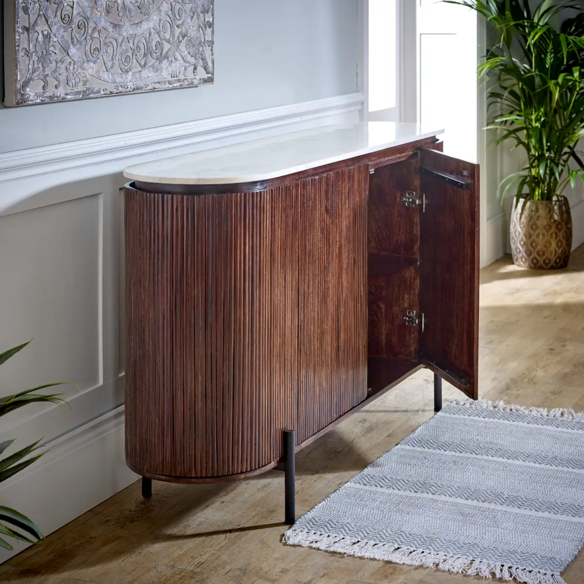 Indian Hub Opal Mango Wood Sideboard With Marble Top & Metal Legs - Sideboard