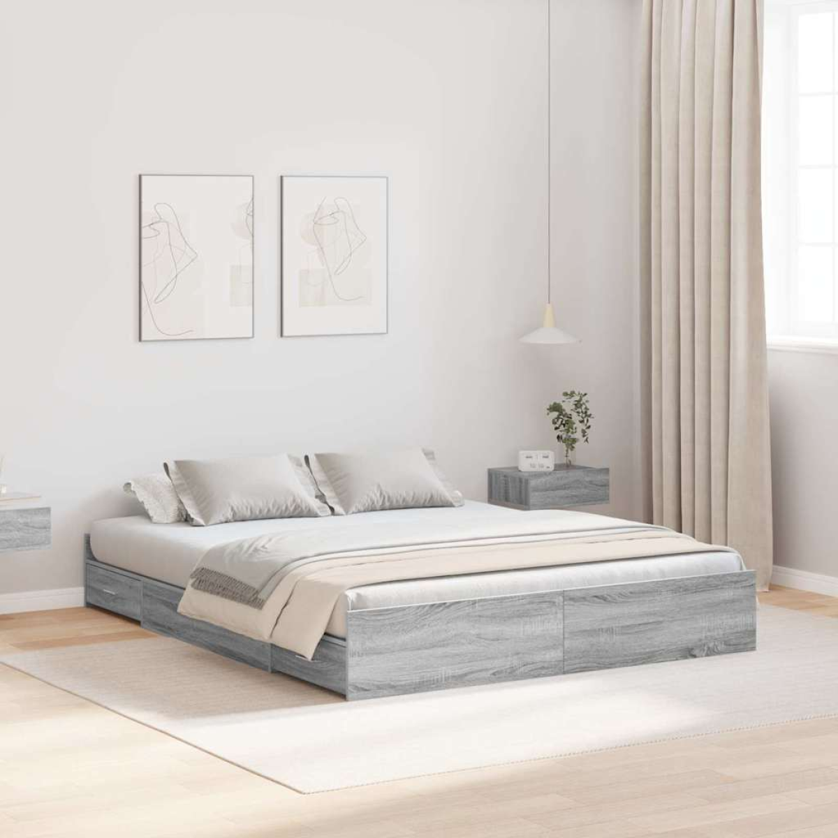 vidaXL Storage Bed Frame Grey Sonoma 140 x 200 cm Engineered Wood - from vidaXL