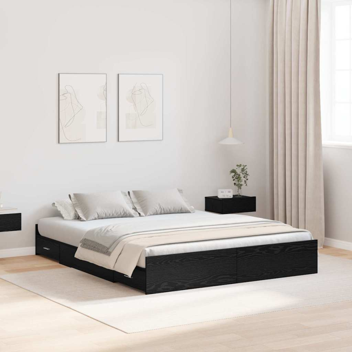 vidaXL Storage Bed Frame Black Oak 140 x 190 cm Engineered Wood - from vidaXL