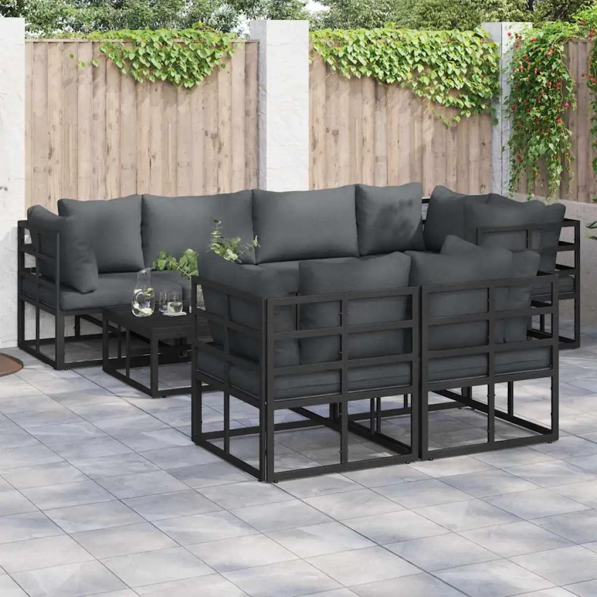 vidaXL vidaXL Garden Sofa Set with Cushion 7 pcs Black Steel - Garden Sofa Sets