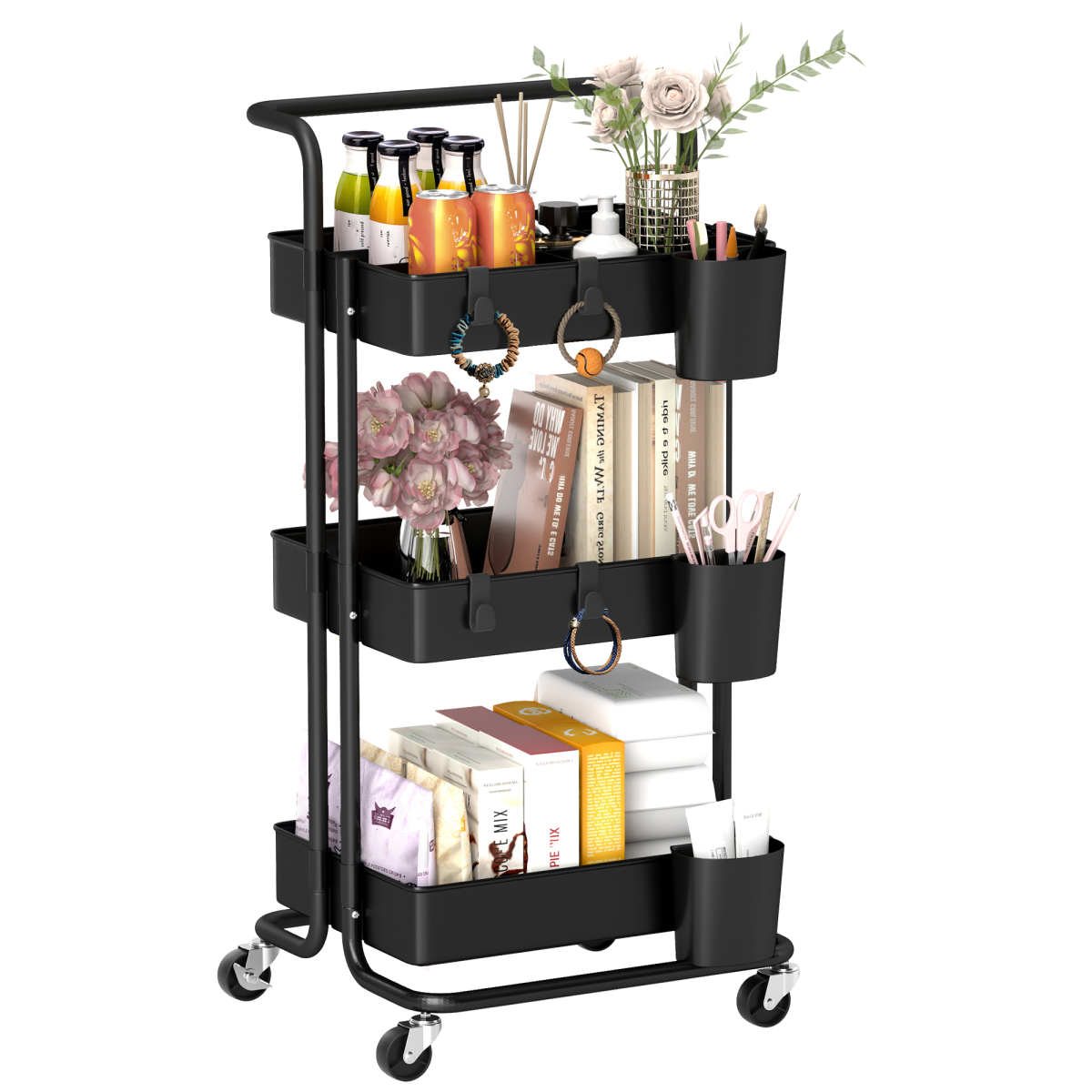 3-Tier Utility Cart, Serving Trolley with Mesh Baskets Removable Boxes, Black - from Unbranded