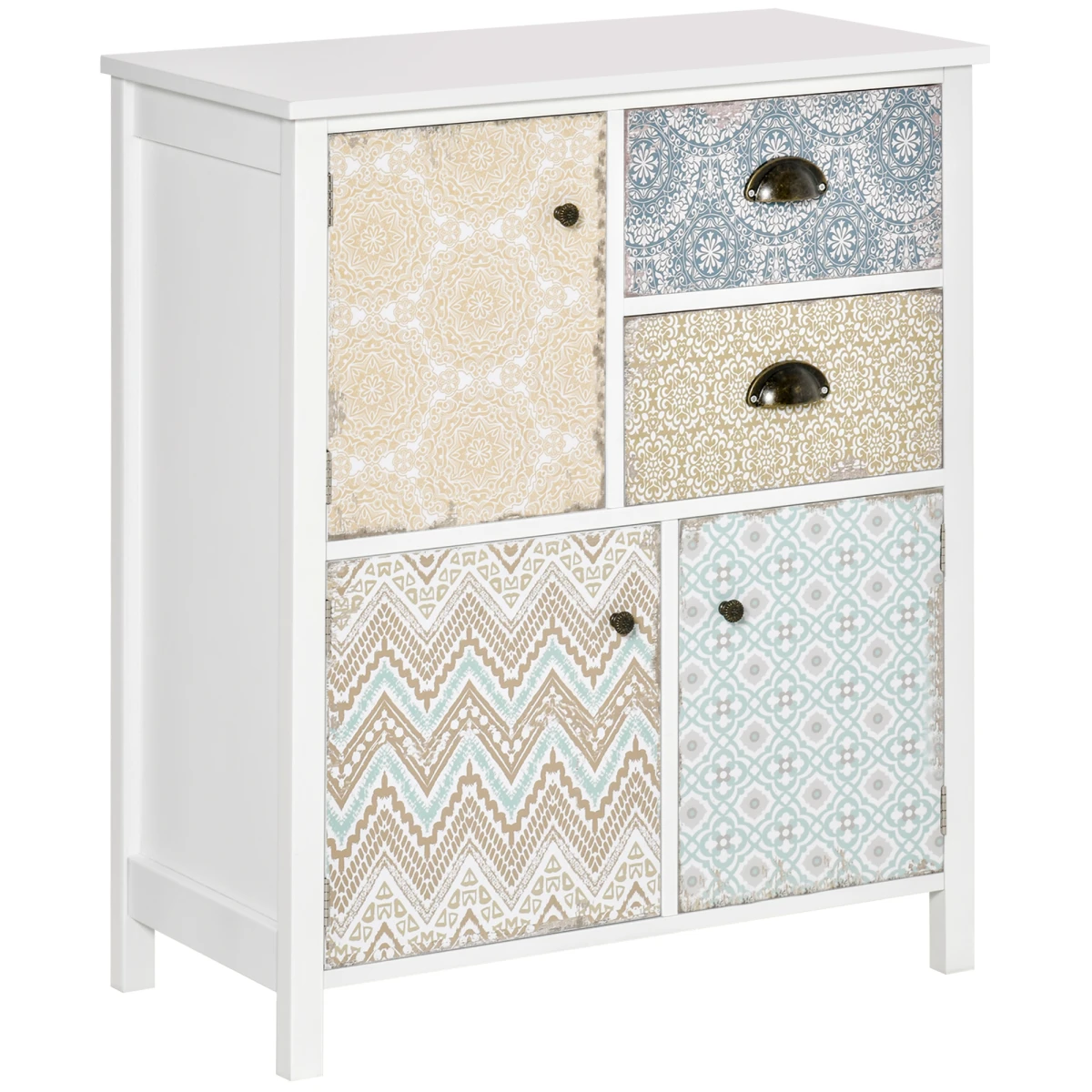 HOMCOM Boho Chic Storage Chest Compact Two Drawers And Three Cabinets Colorful Pattern Panels For Any Room - Chest of Drawers