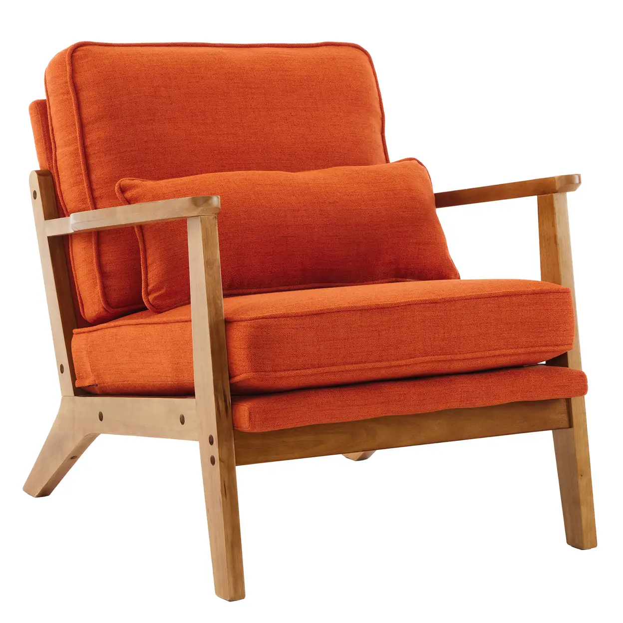 N/A Mid-Century Modern Accent Chair with Wooden Frame - Oak Armrest, Linen-Cotton Burnt Orange Upholstery, Single Seater Lounge Chair for Living Room (Weight Capacity 330LBS) - Accent Chair