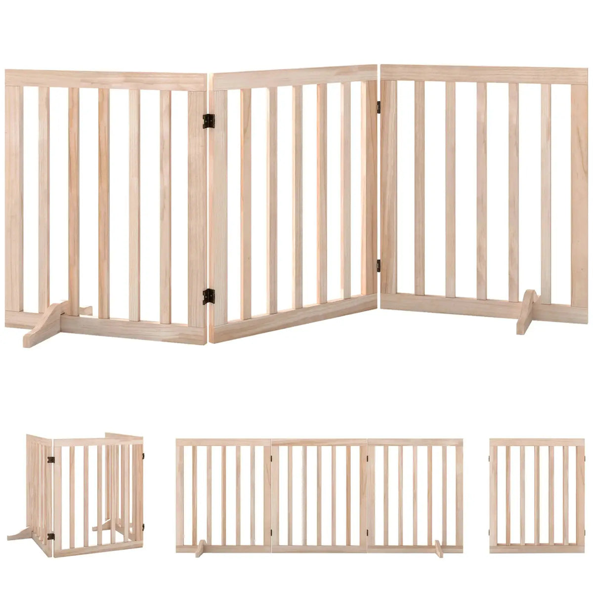PawHut Wooden Dog Gate, 3-Panel Freestanding Pet Gates Indoor with 2 Support Feet and 360° Flexible Hinges, Natural - from PawHut