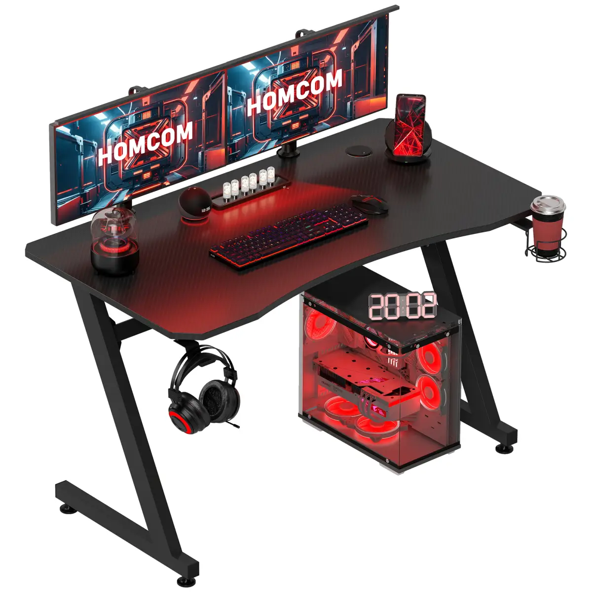 Unbranded Gaming Desk Steel Frame Cup Headphone Holder Adjustable Feet Home Black - Desk