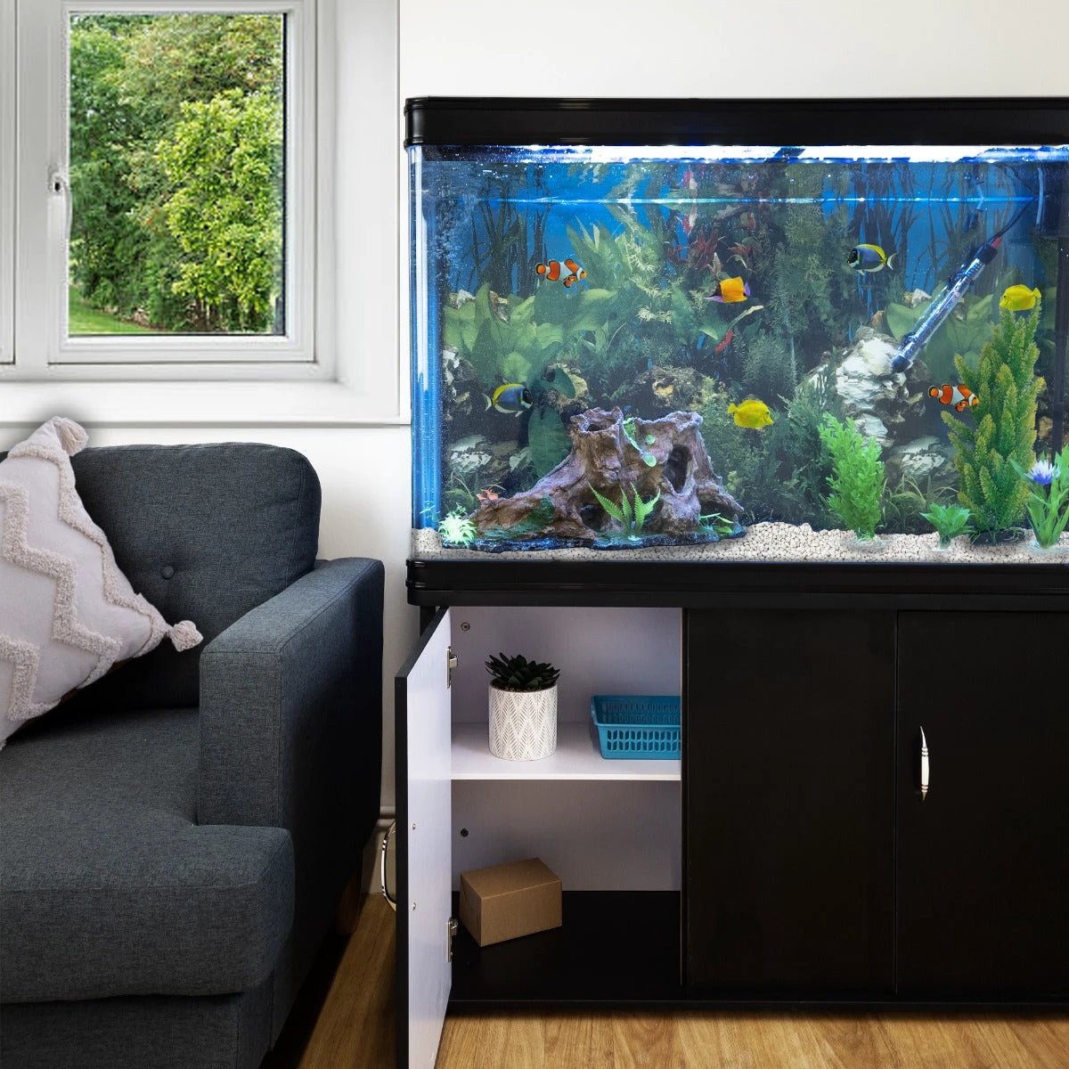Aquarium Fish Tank & Cabinet with Complete Starter Kit - Black Tank & White Gravel by Monster Shop