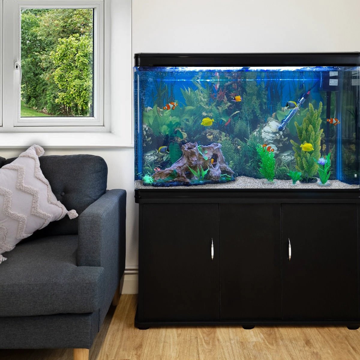 Aquarium Fish Tank & Cabinet with Complete Starter Kit - Black Tank & White Gravel by Monster Shop
