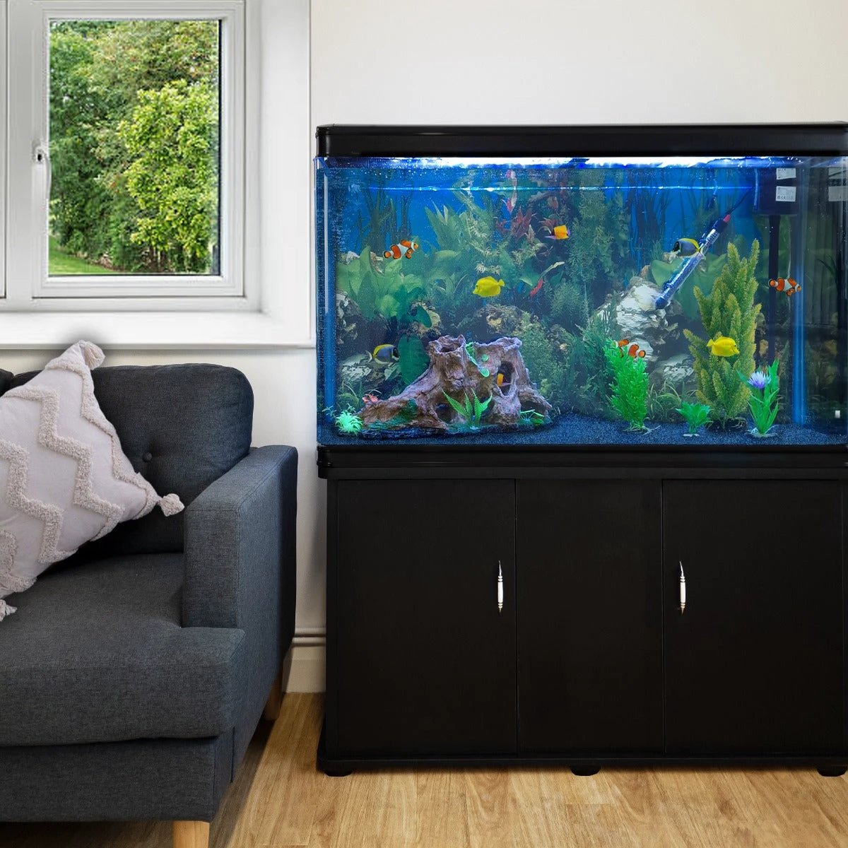Aquarium Fish Tank & Cabinet with Complete Starter Kit - Black Tank & Blue Gravel by Monster Shop