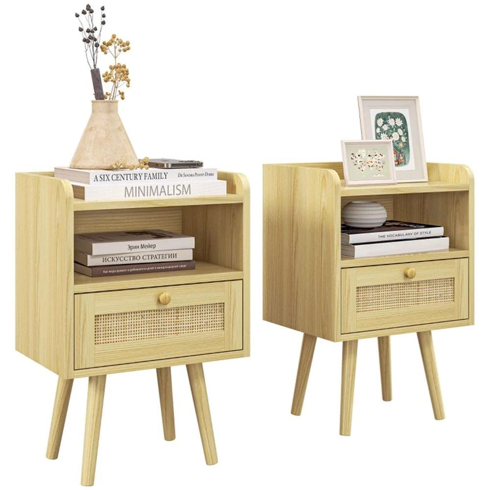 x2 Bedside Tables Particleboard Natural Wood Finish 40W x 30D x 60Hcm New by N/A