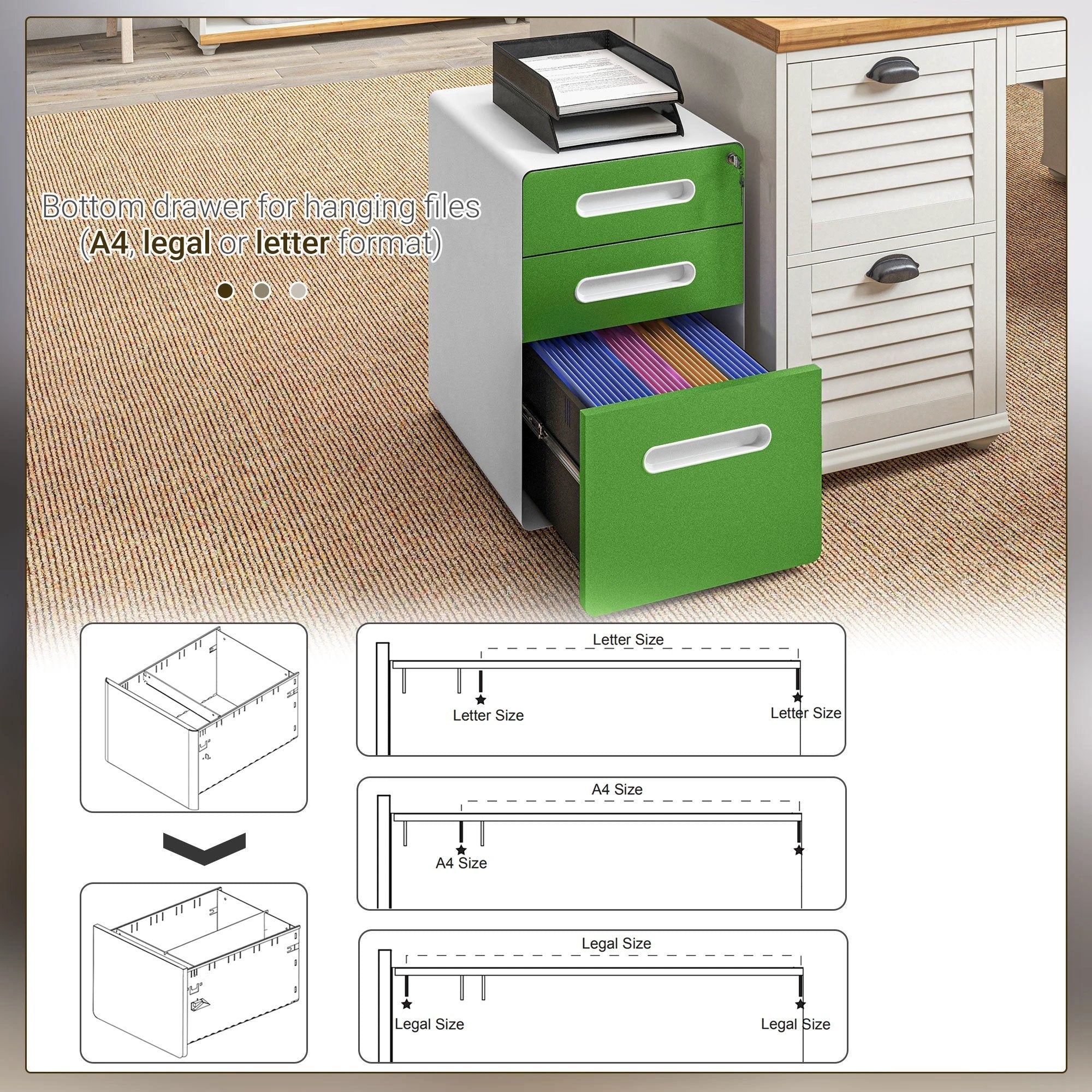 Vinsetto Vinsetto 3 Drawer Modern Steel Filing Cabinet w/ 4 Wheels Lock Box - Filing Cabinet