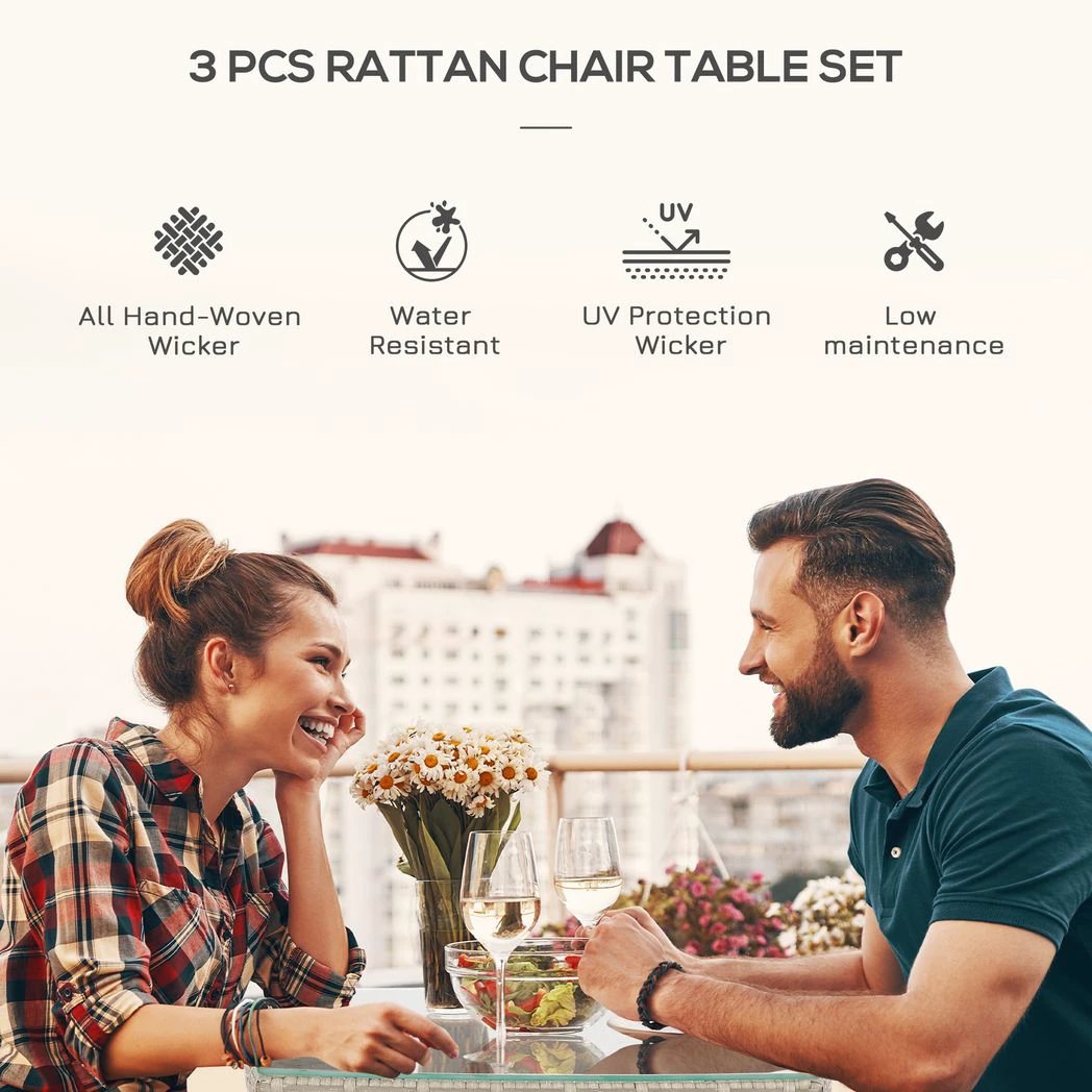 Outsunny 3 Pcs Rattan Bistro Set: 1 x Table, 2 x Chairs - Uncategorized Bistro Sets