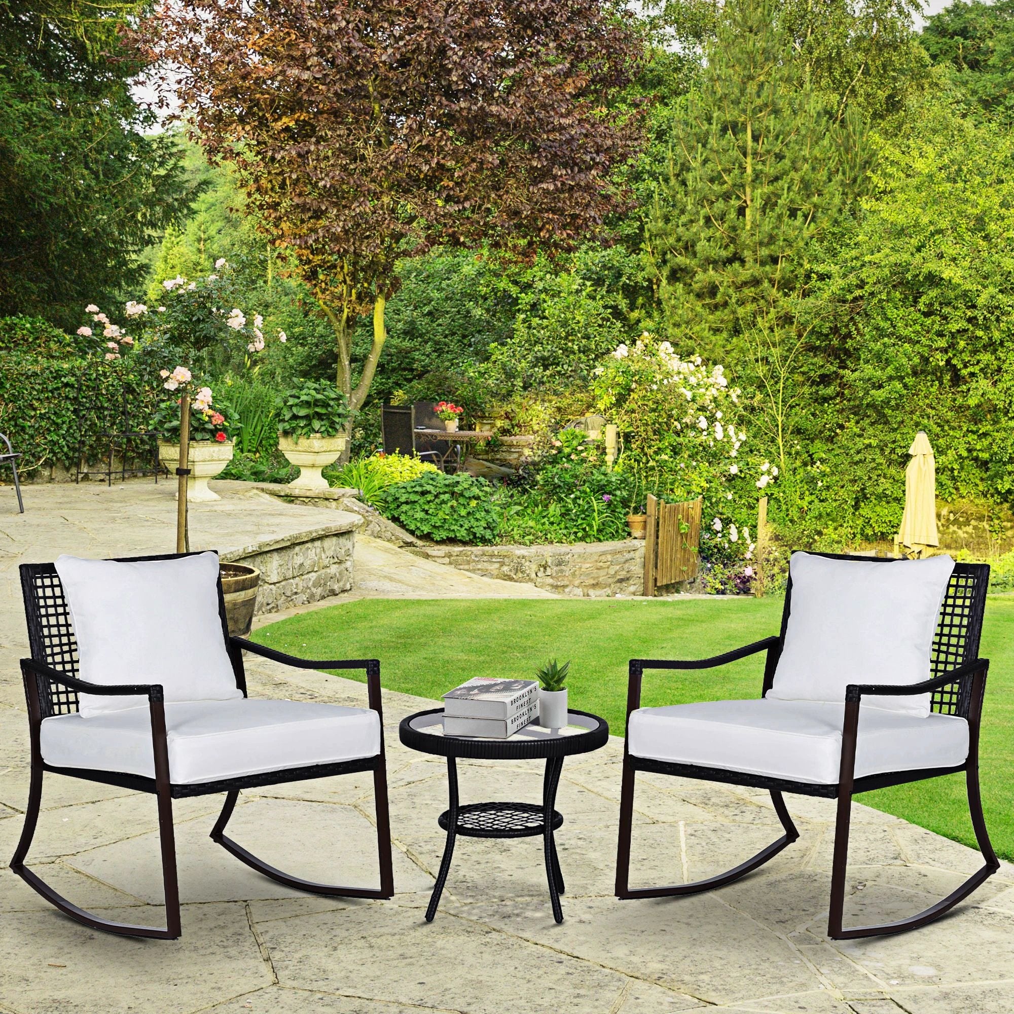 3 PCS Rocking Chair Bistro Set-Brown/Cream White by Outsunny