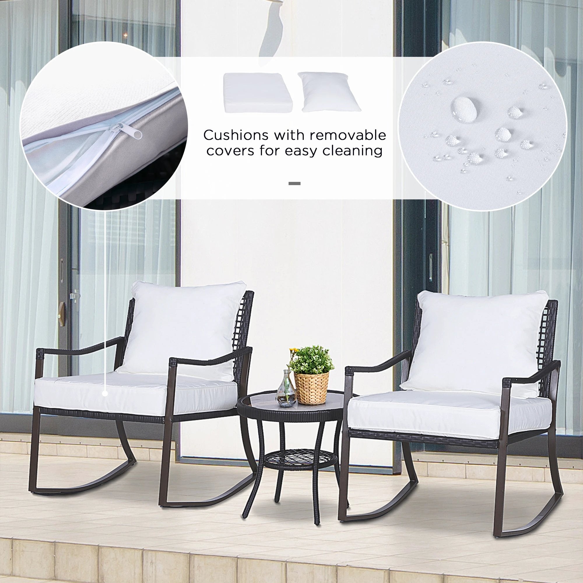 3 PCS Rocking Chair Bistro Set-Brown/Cream White by Outsunny