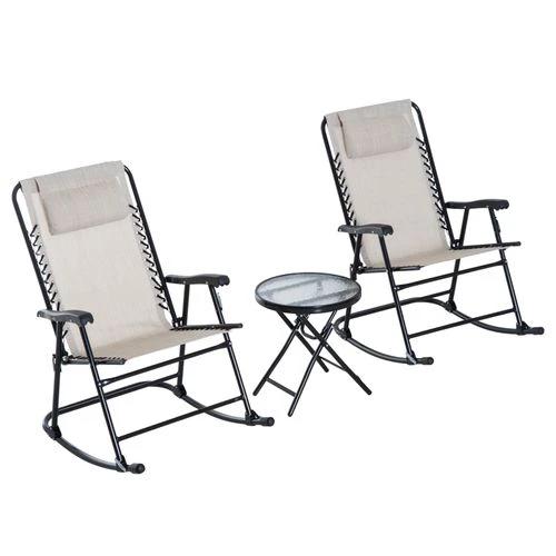 Outsunny 3 Piece Rocking Bistro Set, 2 Folding Chairs & 1 Tempered Glass Table, Beige - Bistro Sets