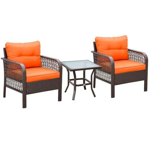 Outsunny 3 Pieces Patio Rattan Bistro Set with Tempered Glass Table Orange - Bistro Sets