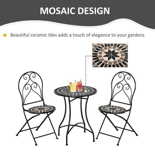 Outsunny 3PC Garden Bistro Set with Mosaic Tile Top and Seats, Metal Frame - Bistro Sets