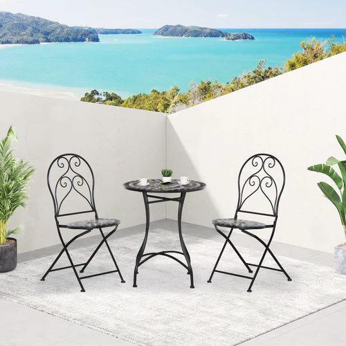 Outsunny 3PC Garden Bistro Set with Mosaic Tile Top and Seats, Metal Frame - Bistro Sets