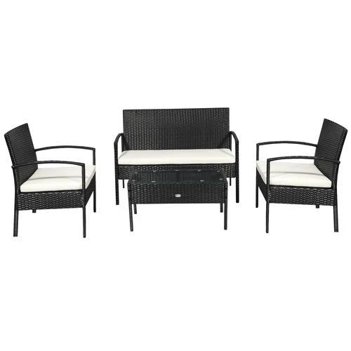 Outsunny 4-Seater Rattan Garden Furniture Set Black Cream Outdoor Patio Bistro - Bistro Sets