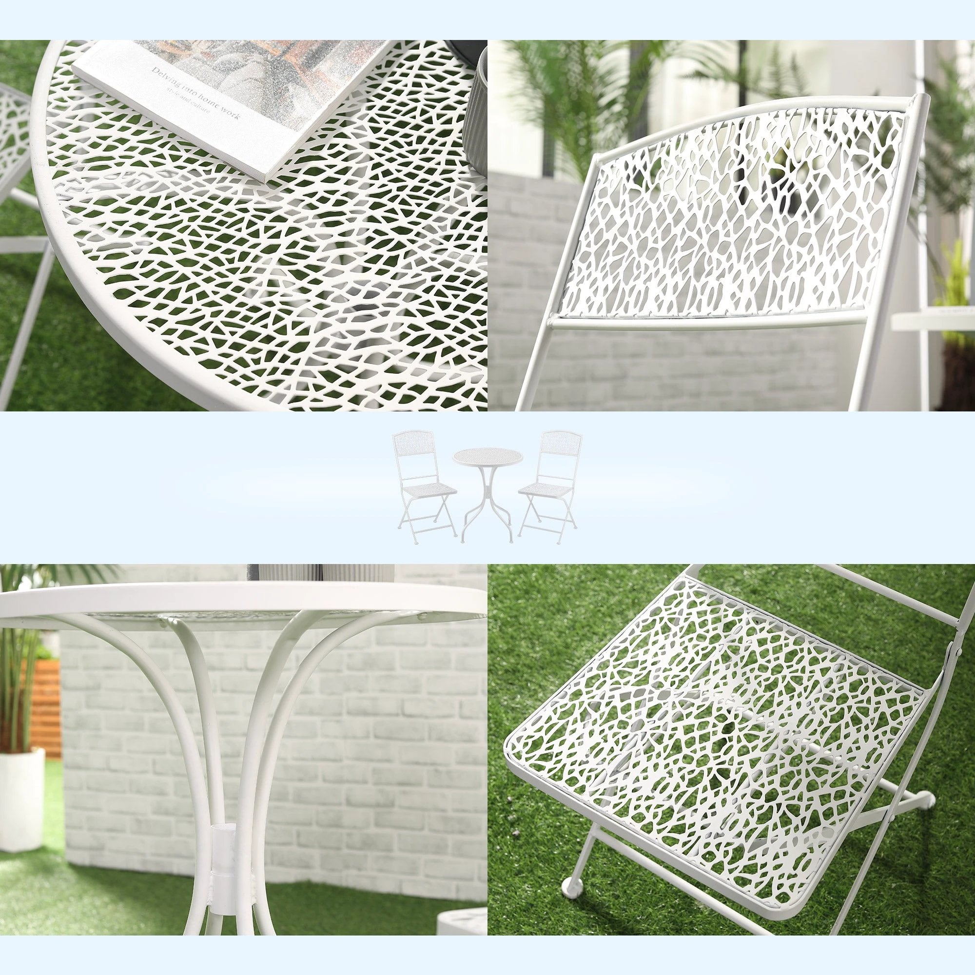 Outsunny Garden Bistro Set for 2 with Folding Chairs and Round Table, White - Bistro Sets