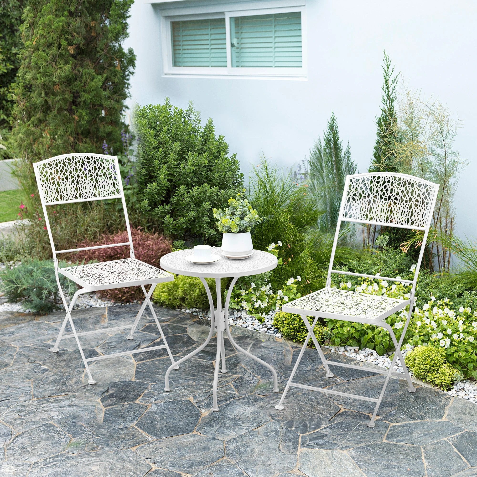 Outsunny Garden Bistro Set for 2 with Folding Chairs and Round Table, White - Bistro Sets