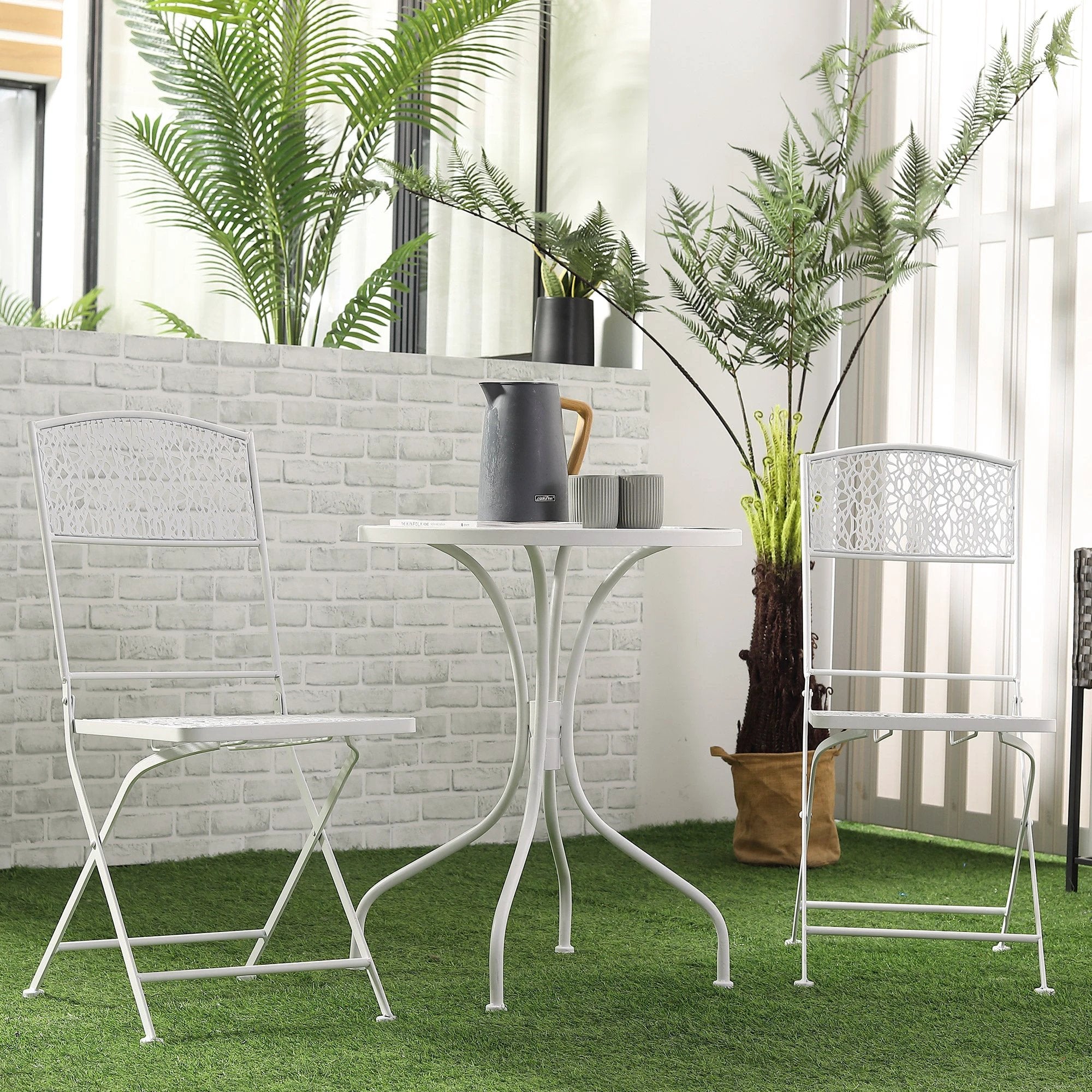 Garden Bistro Set for 2 with Folding Chairs and Round Table, White by Outsunny