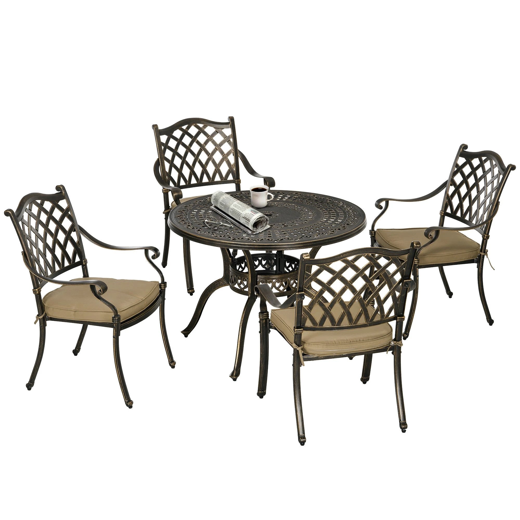 4 Seater Dining Set with Cushions Round Dining Table with Parasol Hole, Bronze by Outsunny