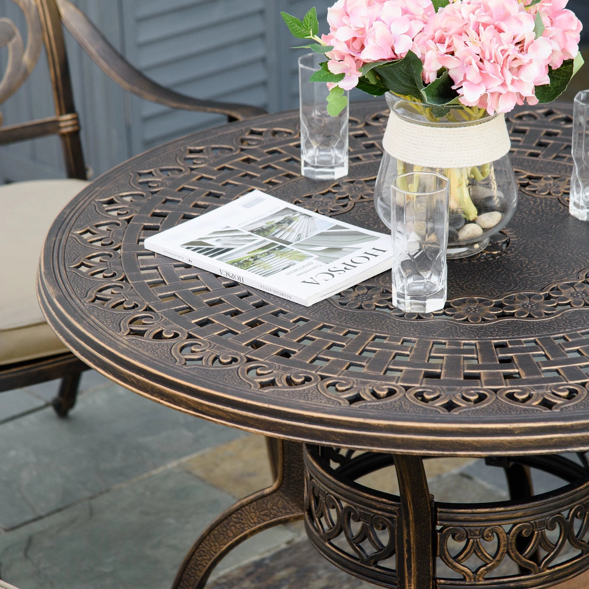 4 Seater Dining Set with Cushions Round Dining Table with Parasol Hole, Bronze by Outsunny