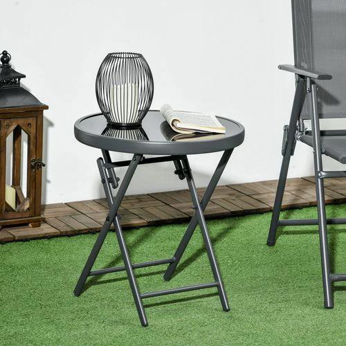Outsunny Outsunny Round Folding Side Table w/ Imitation Marble Glass Top, Black -