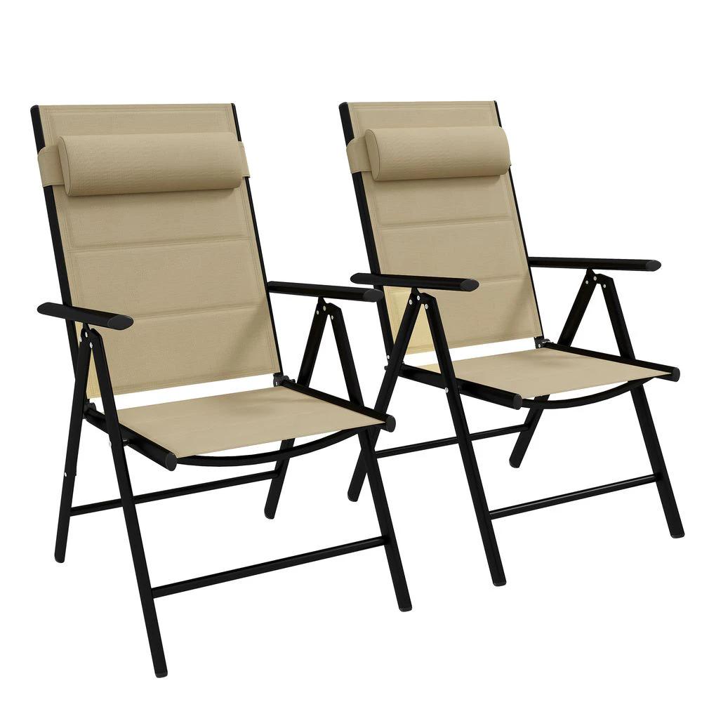 Outsunny 2 PCS Outdoor Folding Chairs, Dining Chairs with Padded Filling, Khaki by Outsunny