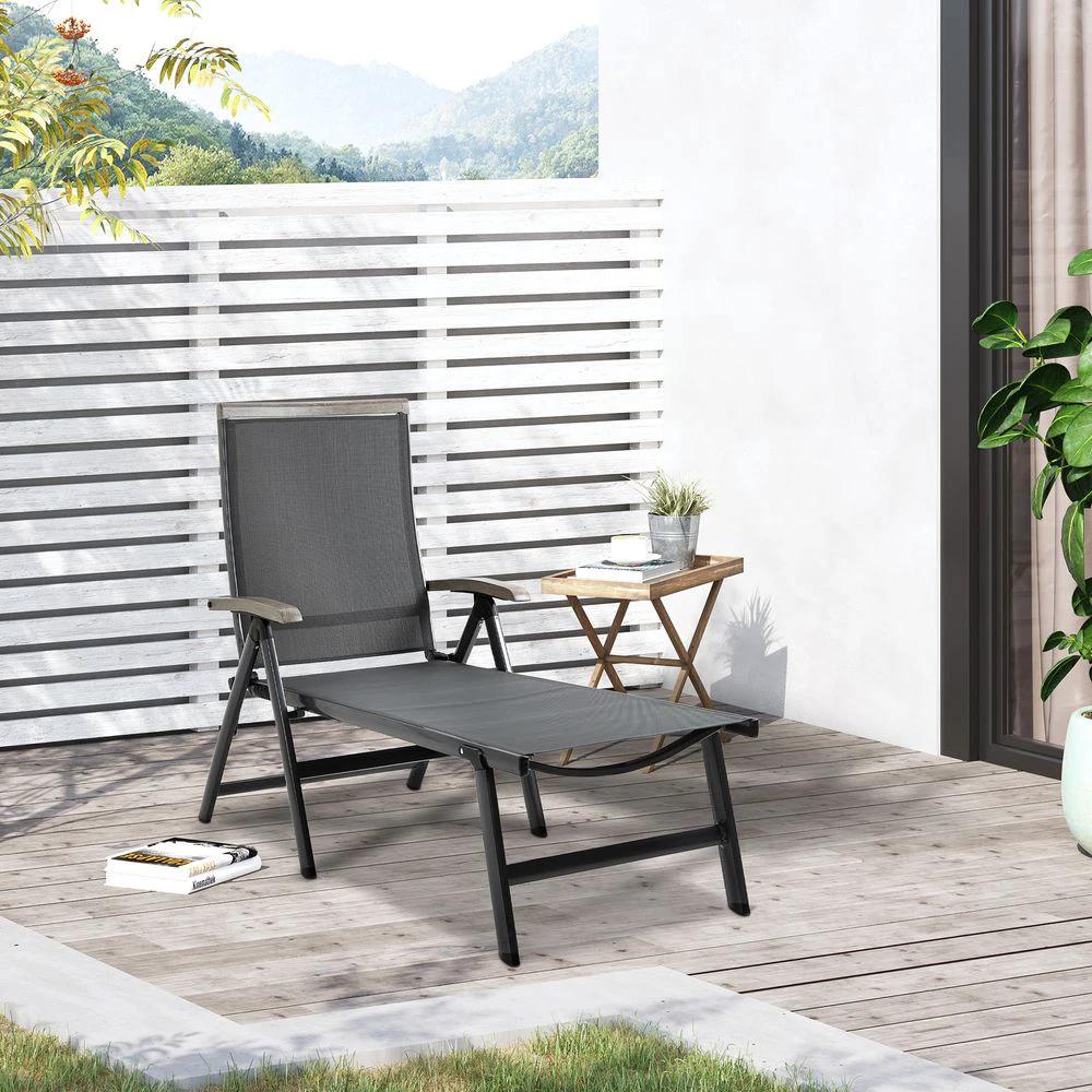Folding Sun Lounger, Adjustable Chaise Lounge Chair Aluminium Frame Grey by Outsunny