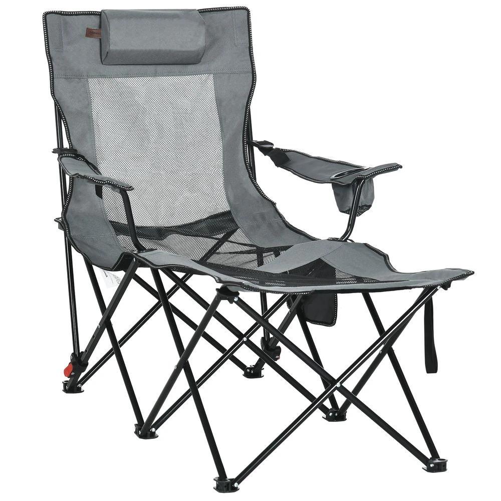 Outsunny Foldable Camping Chair w/ Footrest, Adjustable Backrest, Bag, Grey by Outsunny