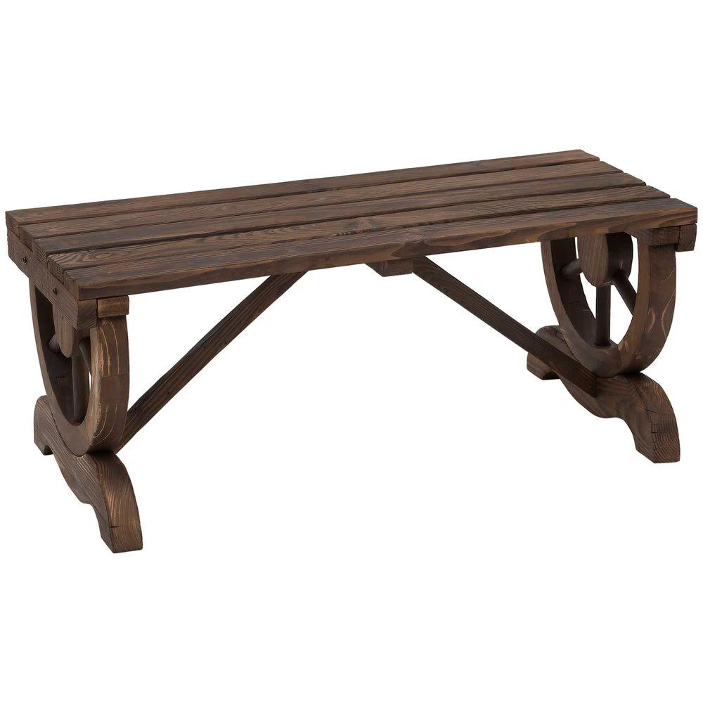 Outsunny Rustic Wooden Wheel Bench 2-Person Seat - Brown Chair Loveseat Park - Uncategorized Garden Chairs