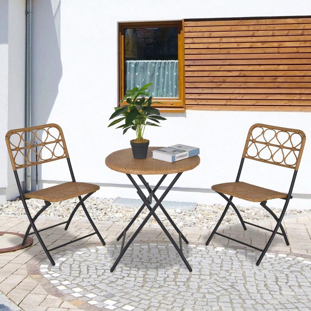 Outsunny 3 PCS Rattan Wicker Set Easy Folding, Hand Woven Rattan Coffee Table & Chairs - Uncategorized Garden Set